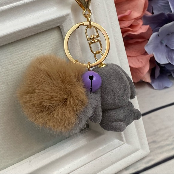 Gray Felt Bunny Rabbit Charm with Gray Pom Pom Keychain - Picture 5 of 11